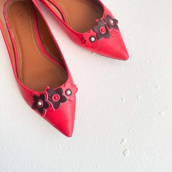 Coach Tea Rose Red Leather Floral Pointy Toe Flats 7.5 - Picture 2 of 10